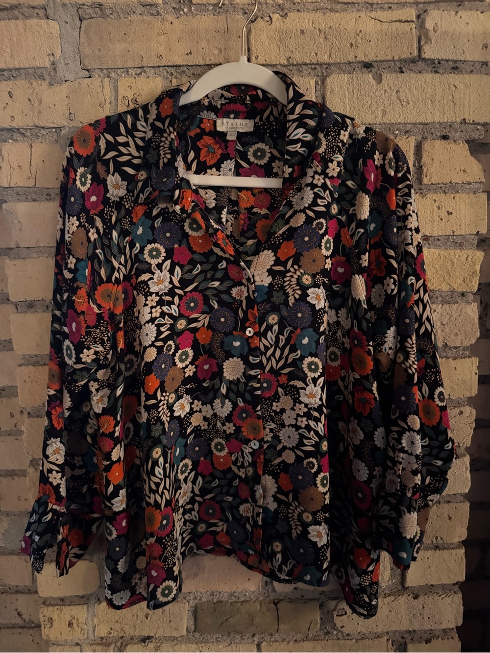 Women's Floral Button-Front Blouse in Black with Multicolor Bloom